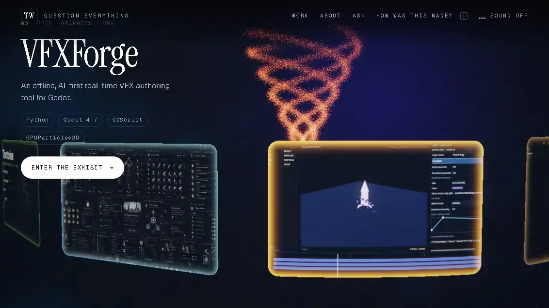 VFXForge project page showing an offline AI-first real-time VFX authoring tool for Godot.