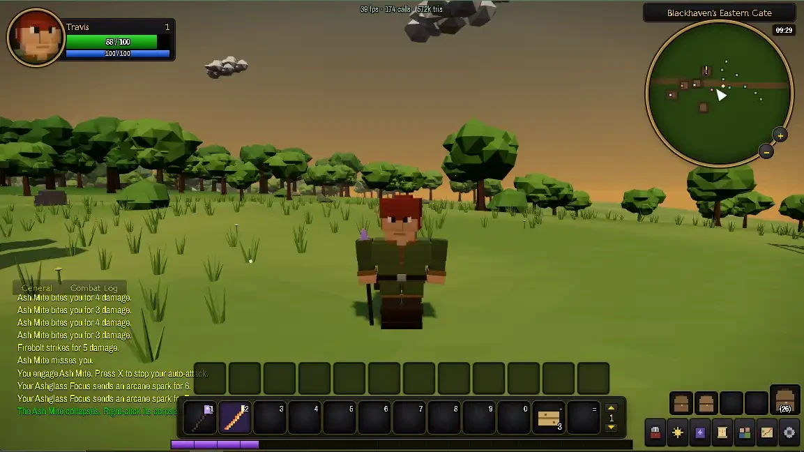 Voxel-style game character standing in a grassy low-poly landscape with game interface visible.