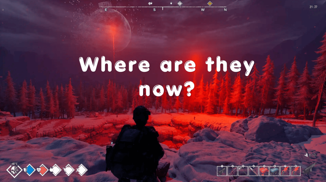Permafrost gameplay screenshot in a snowy red-lit forest with the words Where are they now? overlaid.