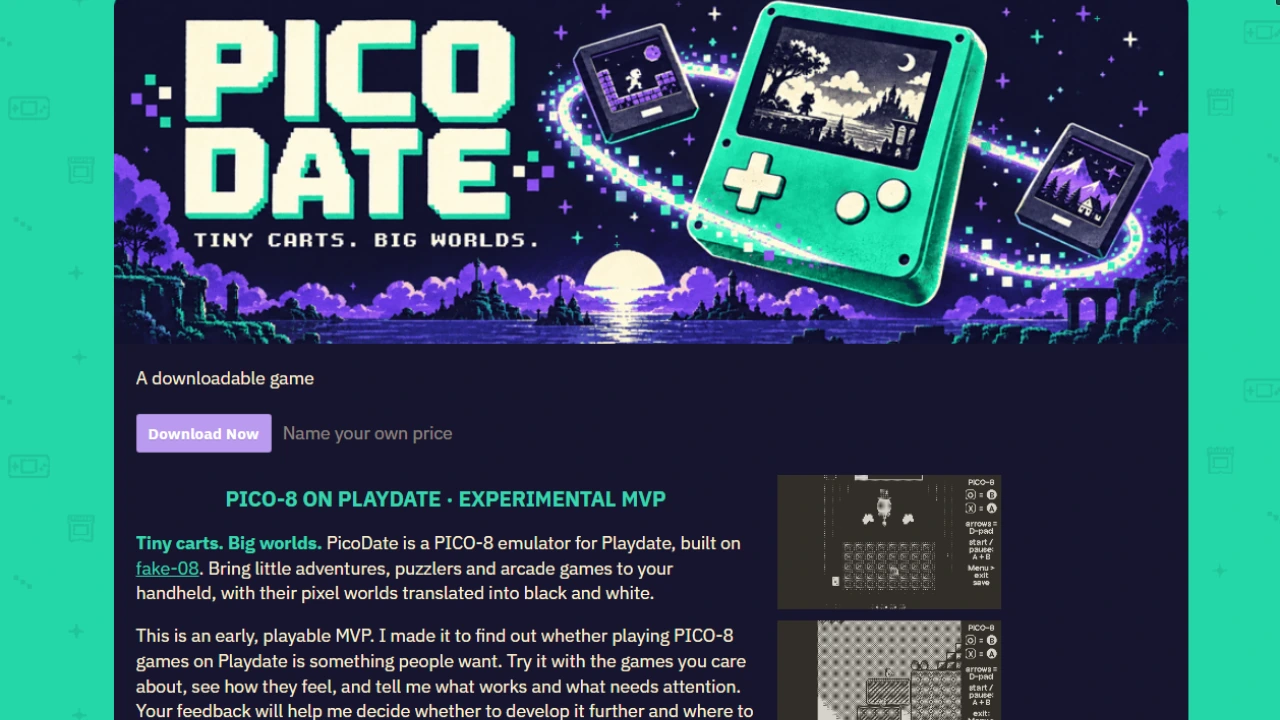 PicoDate PICO-8 emulator for Playdate shown on the project’s itch.io page.