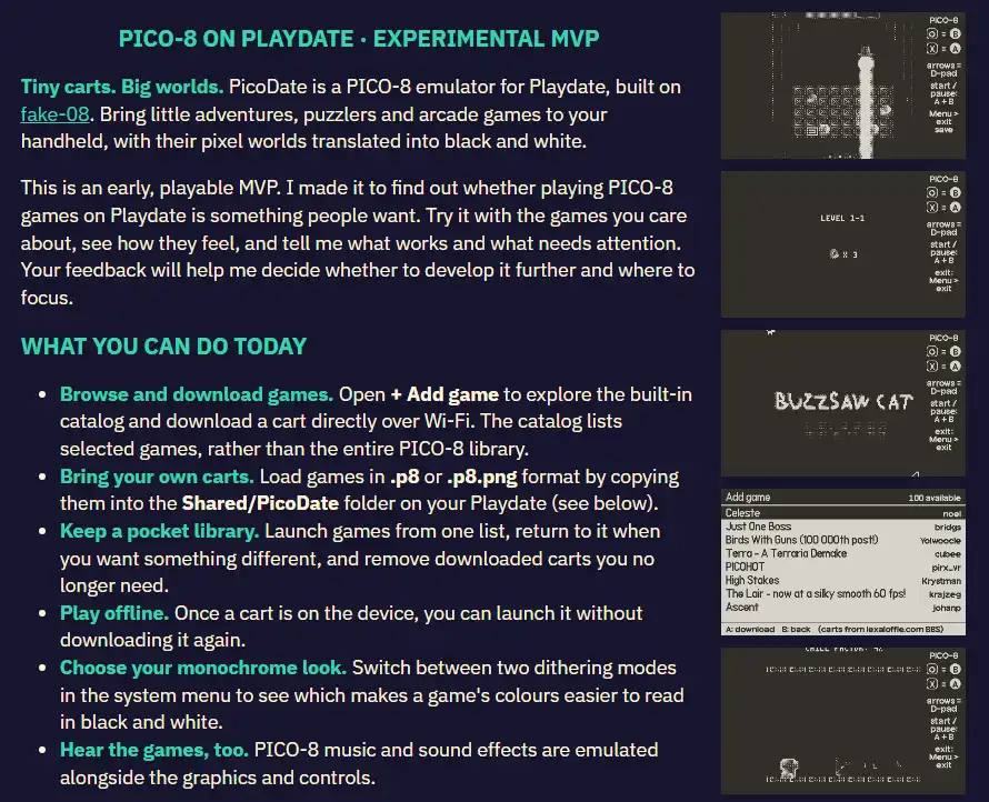 PicoDate project page showing PICO-8 games running in black and white on Playdate.