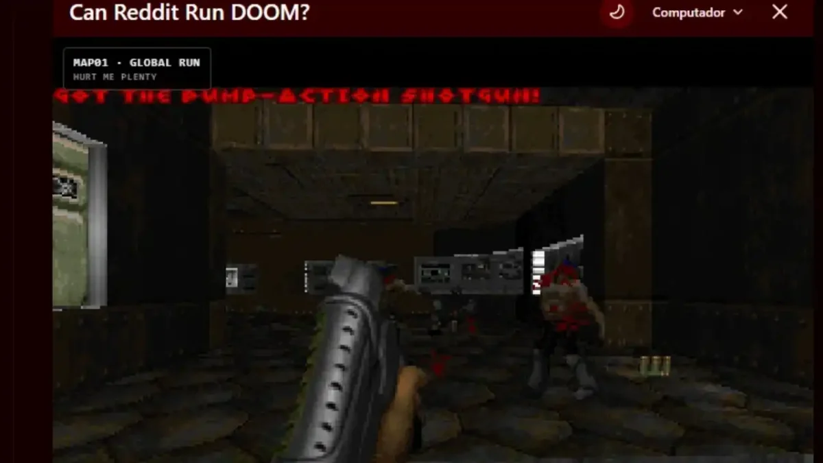 First-person PlayDOOM gameplay showing a pistol, industrial corridors and a classic DOOM-style HUD.