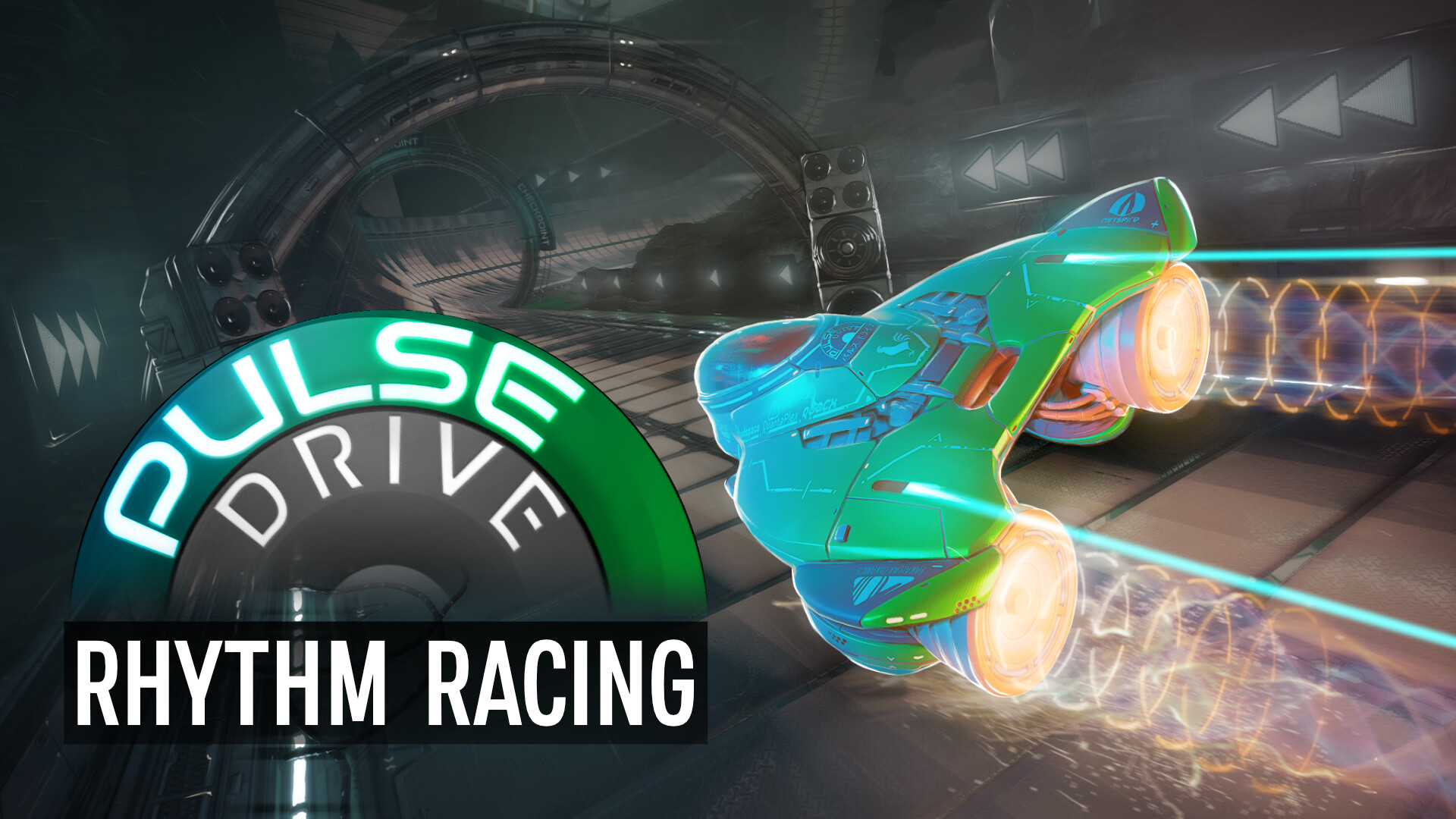 Pulse Drive rhythm racing gameplay with a futuristic hover vehicle on a colorful track