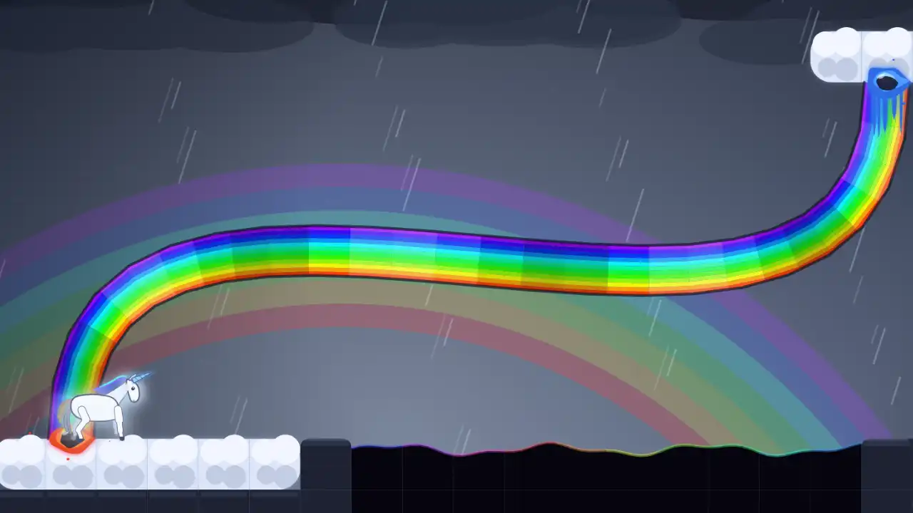 White unicorn using a rainbow portal across a rainy puzzle room in Rainwormhole.