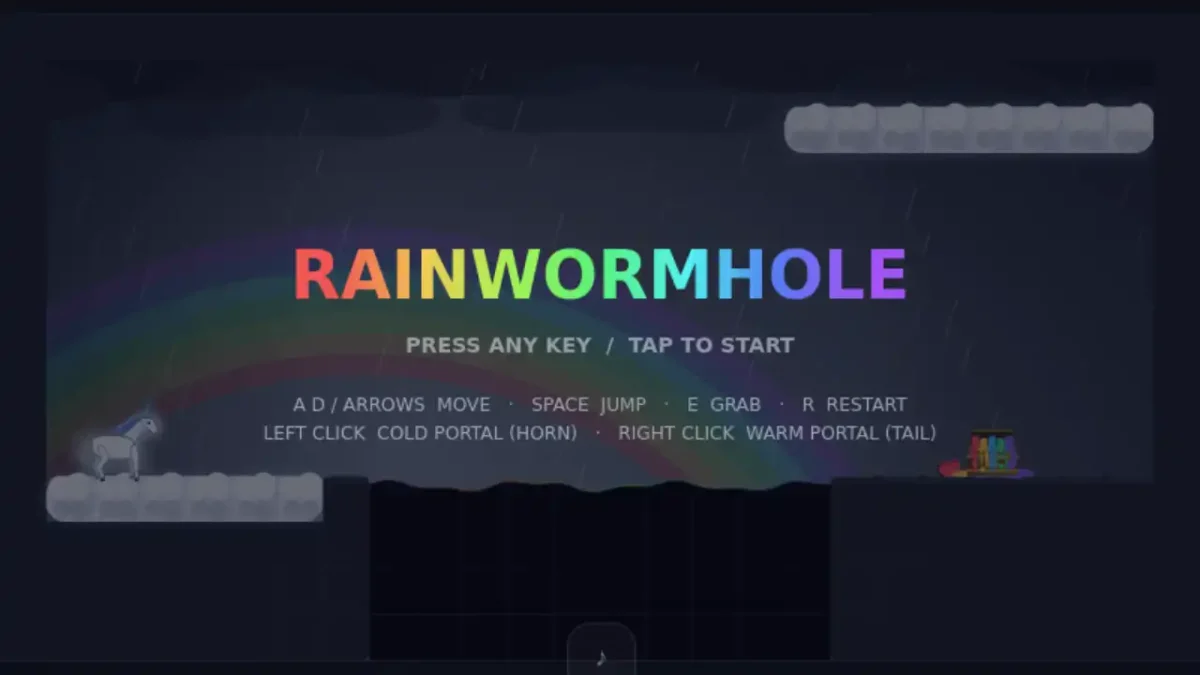 Rainwormhole title screen showing movement, jump, grab and portal controls over a rainy puzzle level.