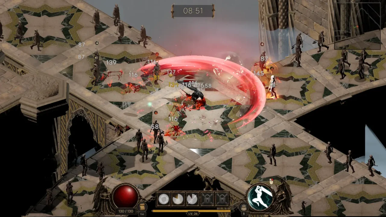 Revenant Survivors gameplay showing the player attacking a large group of enemies with a sweeping red attack