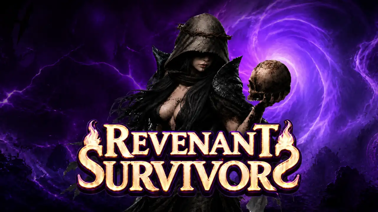 Revenant Survivors key art showing a hooded character holding a skull before a purple portal