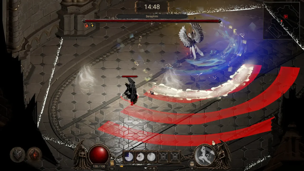 Revenant Survivors gameplay showing the Seraphim boss using large red telegraphed attacks