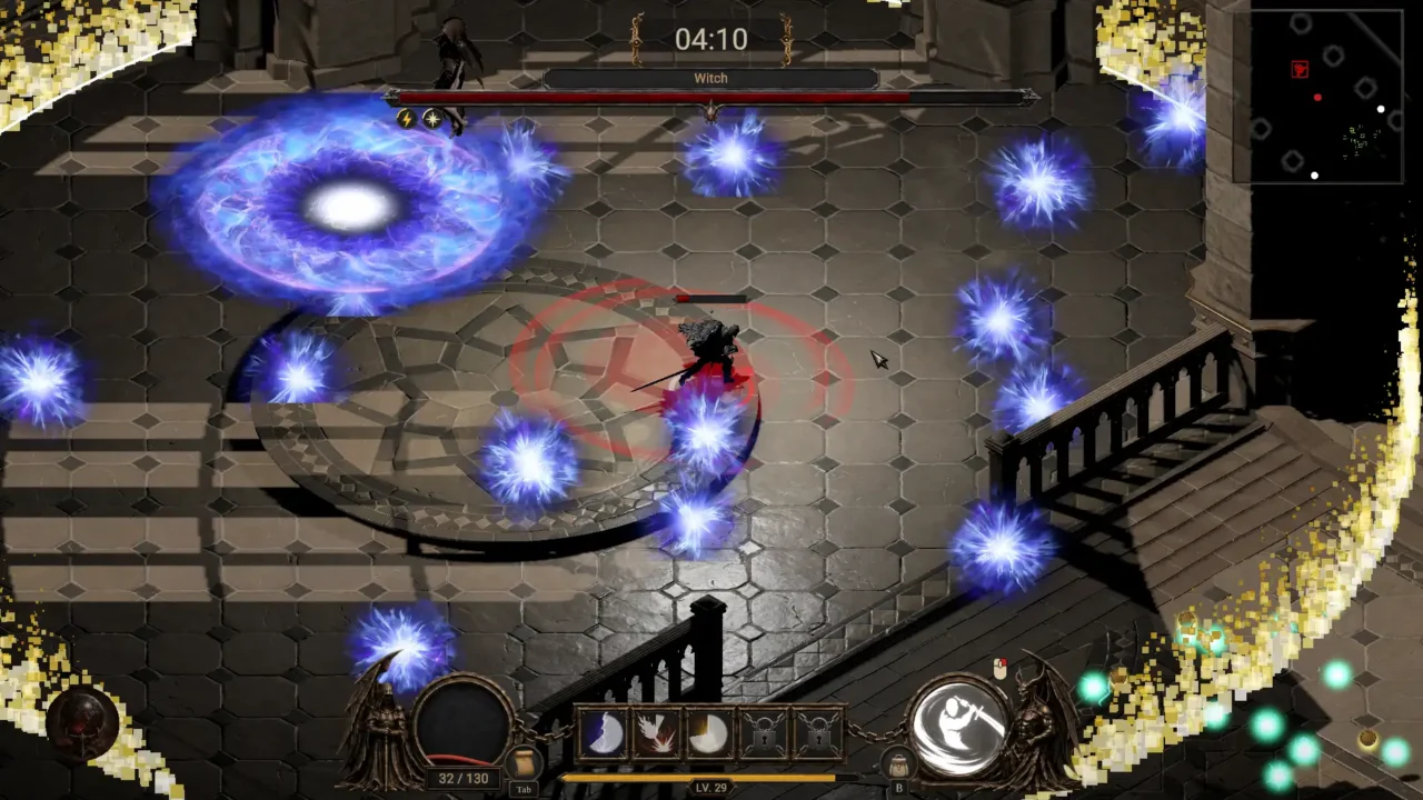 Revenant Survivors gameplay showing the Witch boss surrounding the arena with blue magical attacks