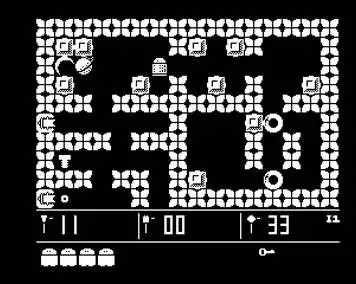 Robbo for Playdate screenshot showing the robot navigating a black-and-white puzzle maze with walls, hazards and collectible objects.