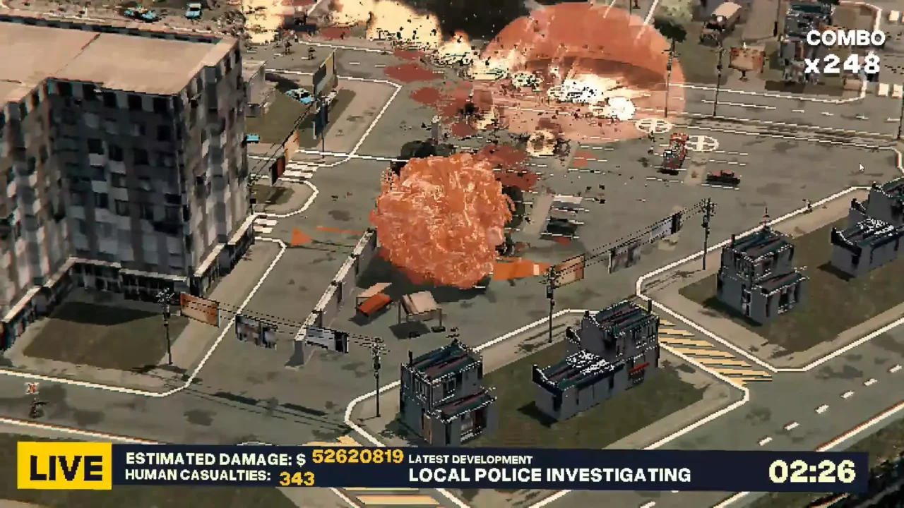 ROLLA gameplay showing a giant rolling mass of flesh destroying buildings and vehicles in a city
