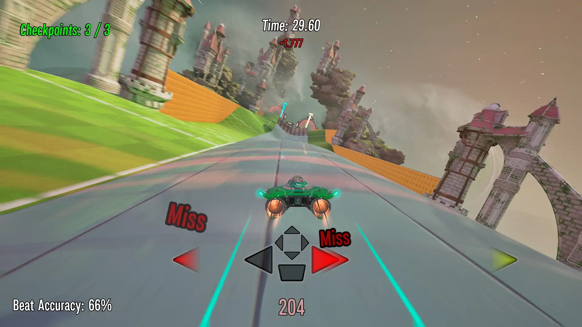 Pulse Drive demo gameplay showing missed rhythm inputs and 66 percent beat accuracy during a race