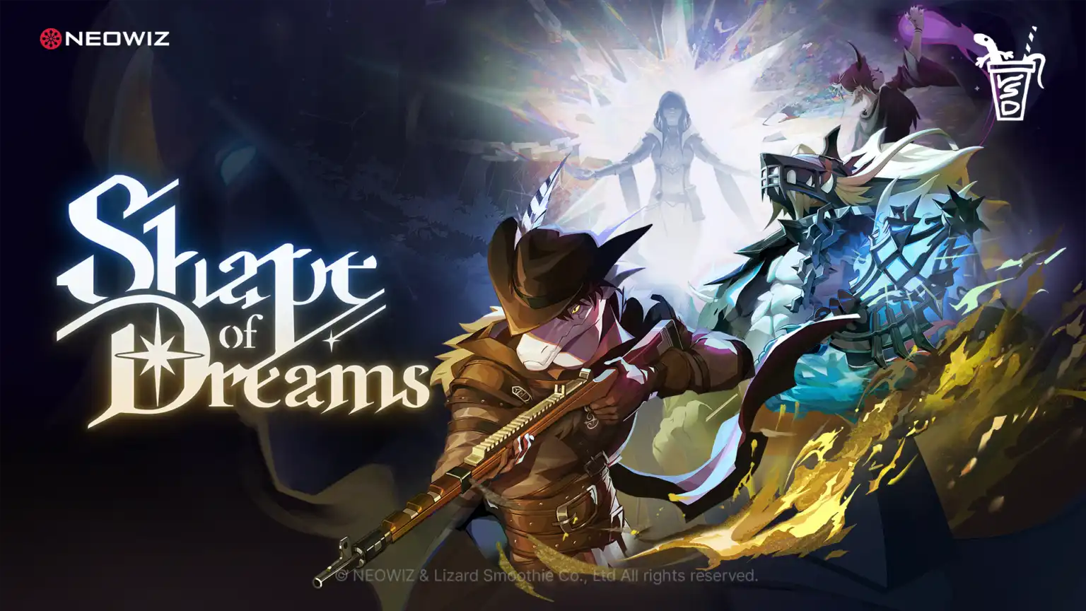 Shape of Dreams key art showing Lacerta aiming a rifle while other Travelers battle across a colorful dreamlike landscape.