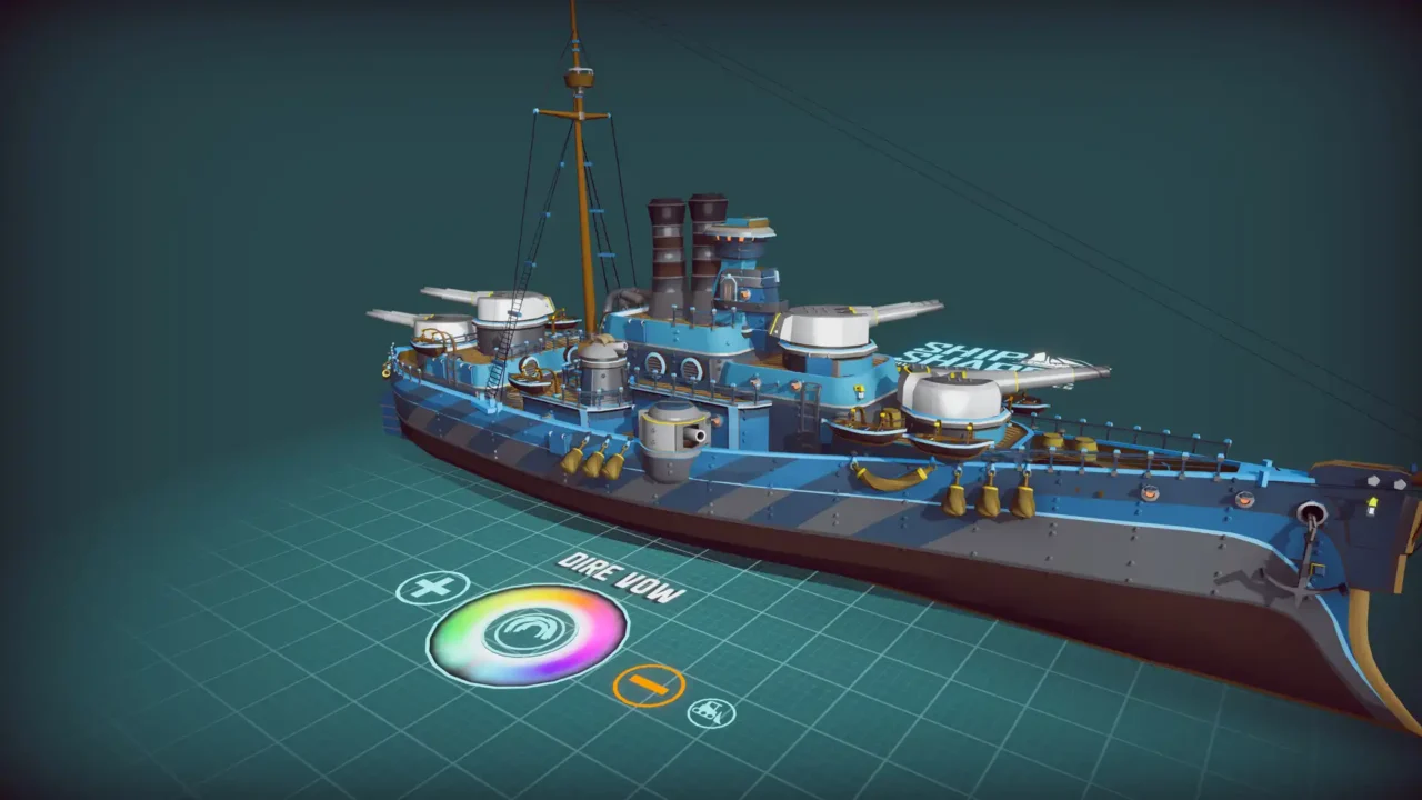 ShipShaper editor showing a large blue custom warship with multiple gun turrets and ship-building controls