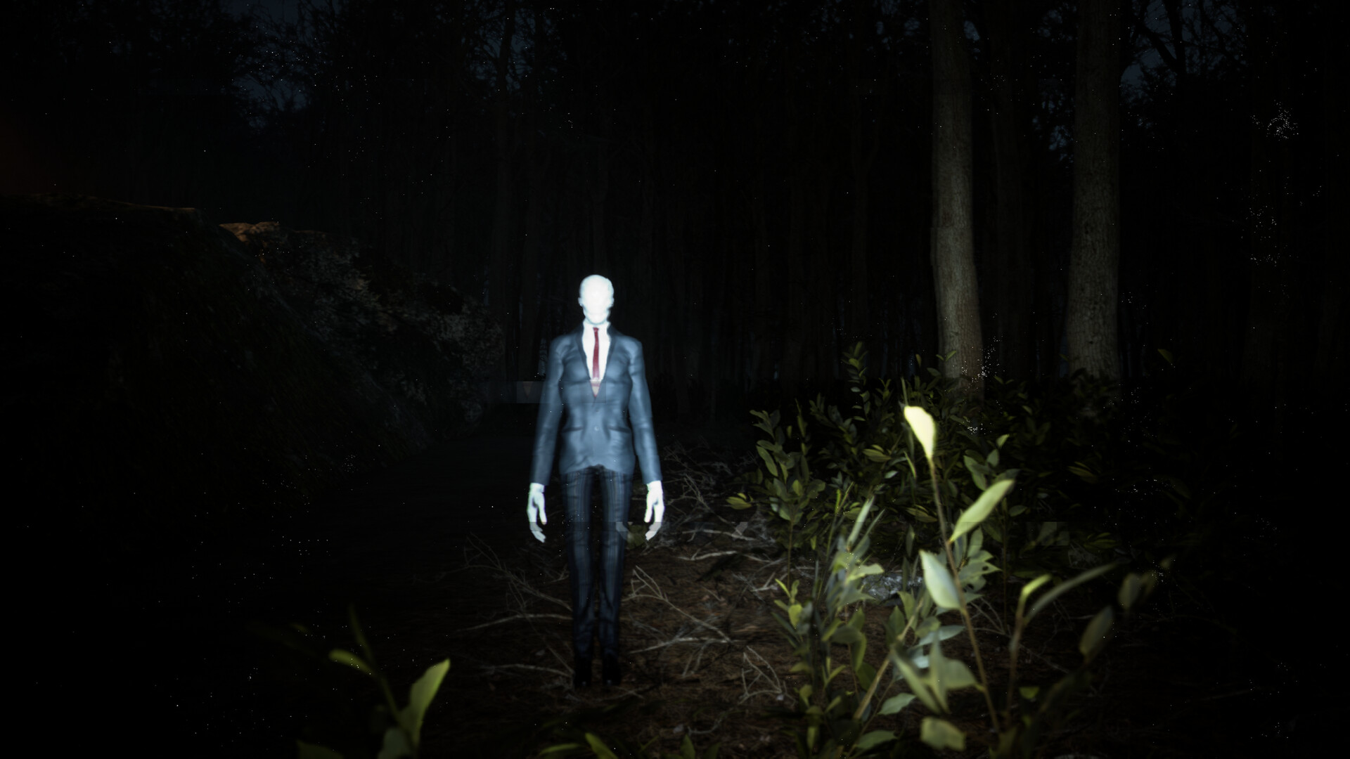 Slender Reborn gameplay showing Slender Man standing in a dark forest illuminated by a flashlight.