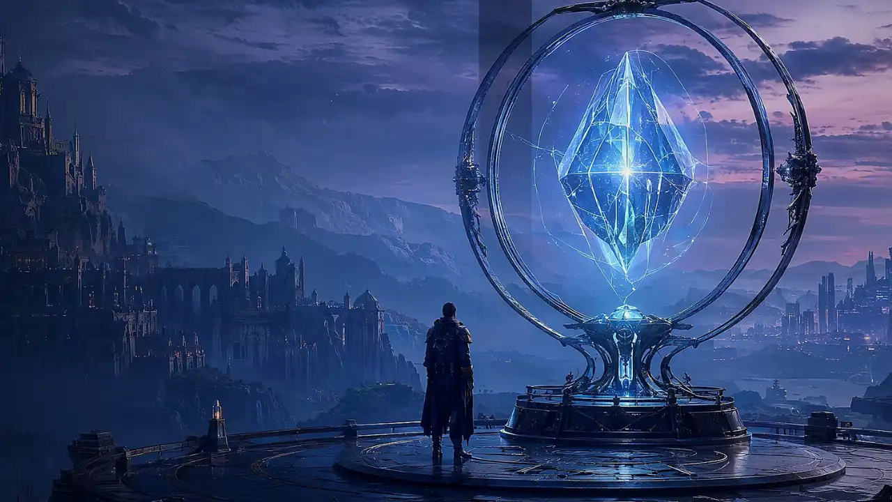 A lone figure overlooks a futuristic blue city and a glowing crystal suspended inside a giant circular structure.