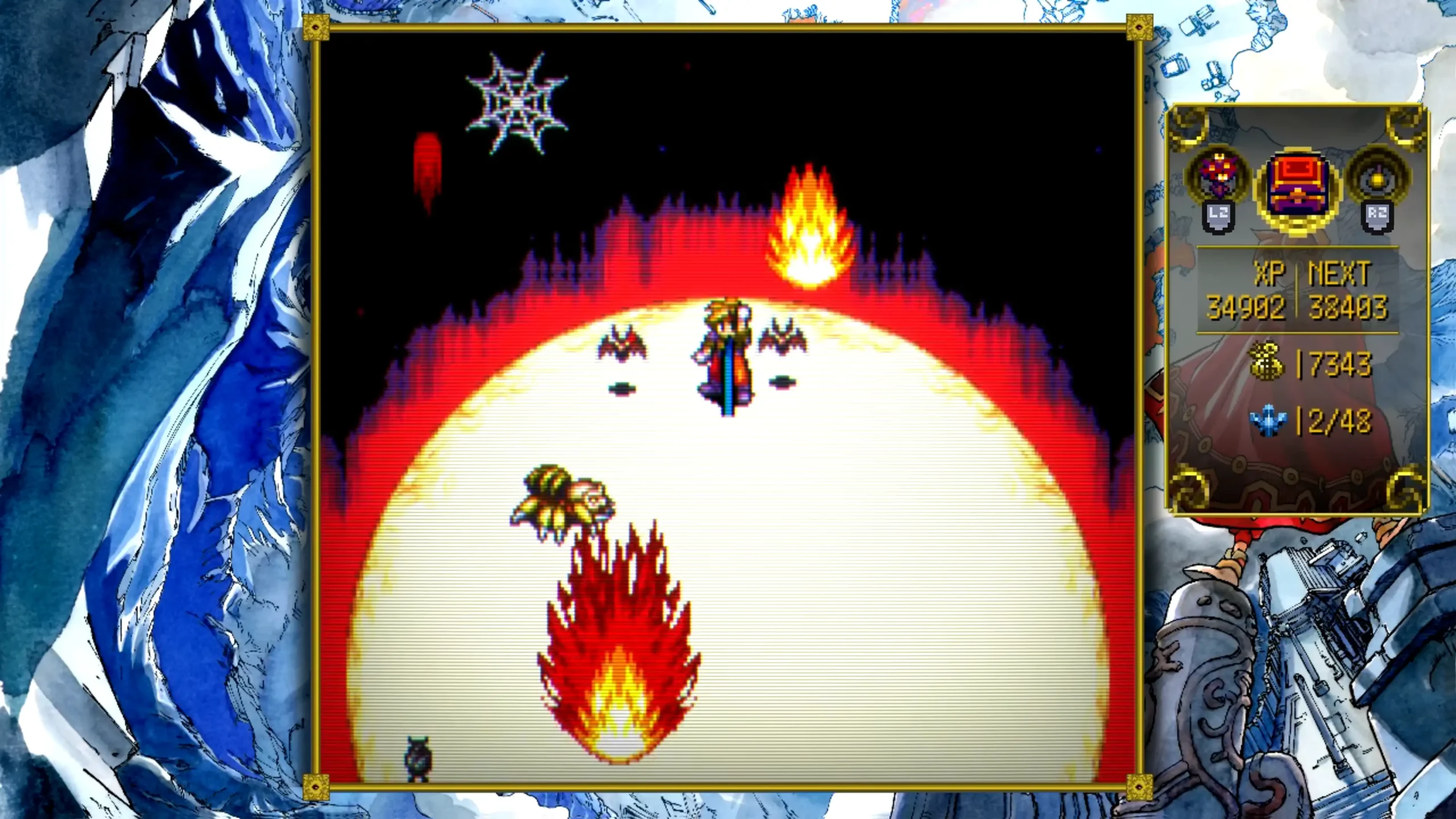 Terranigma gameplay showing Ark and enemies surrounded by a large circular fire effect, with illustrated borders and a status panel on the right.