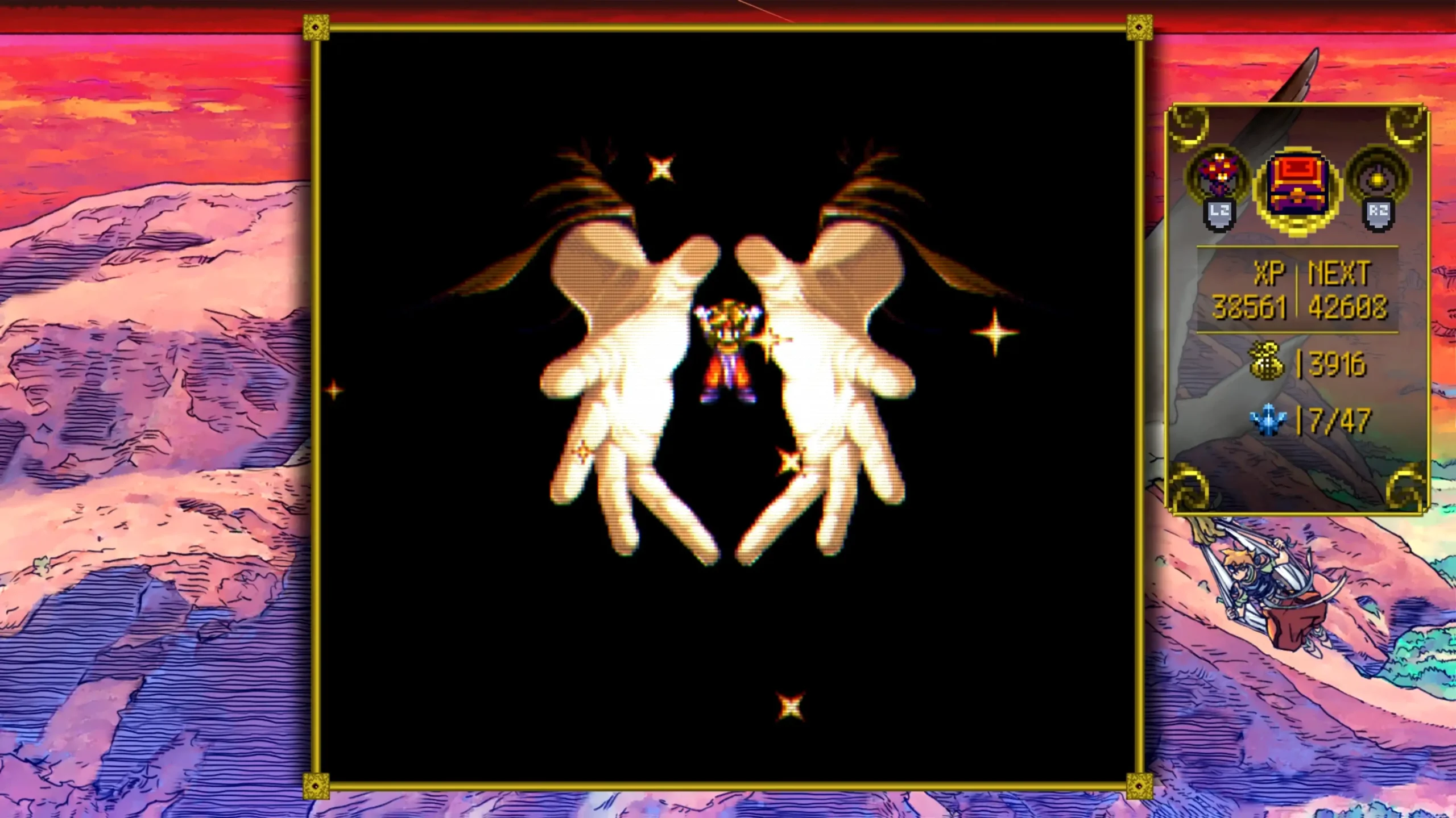 Terranigma gameplay showing Ark between two glowing hands and star-shaped effects, framed by pink landscape artwork and a right-side status panel.