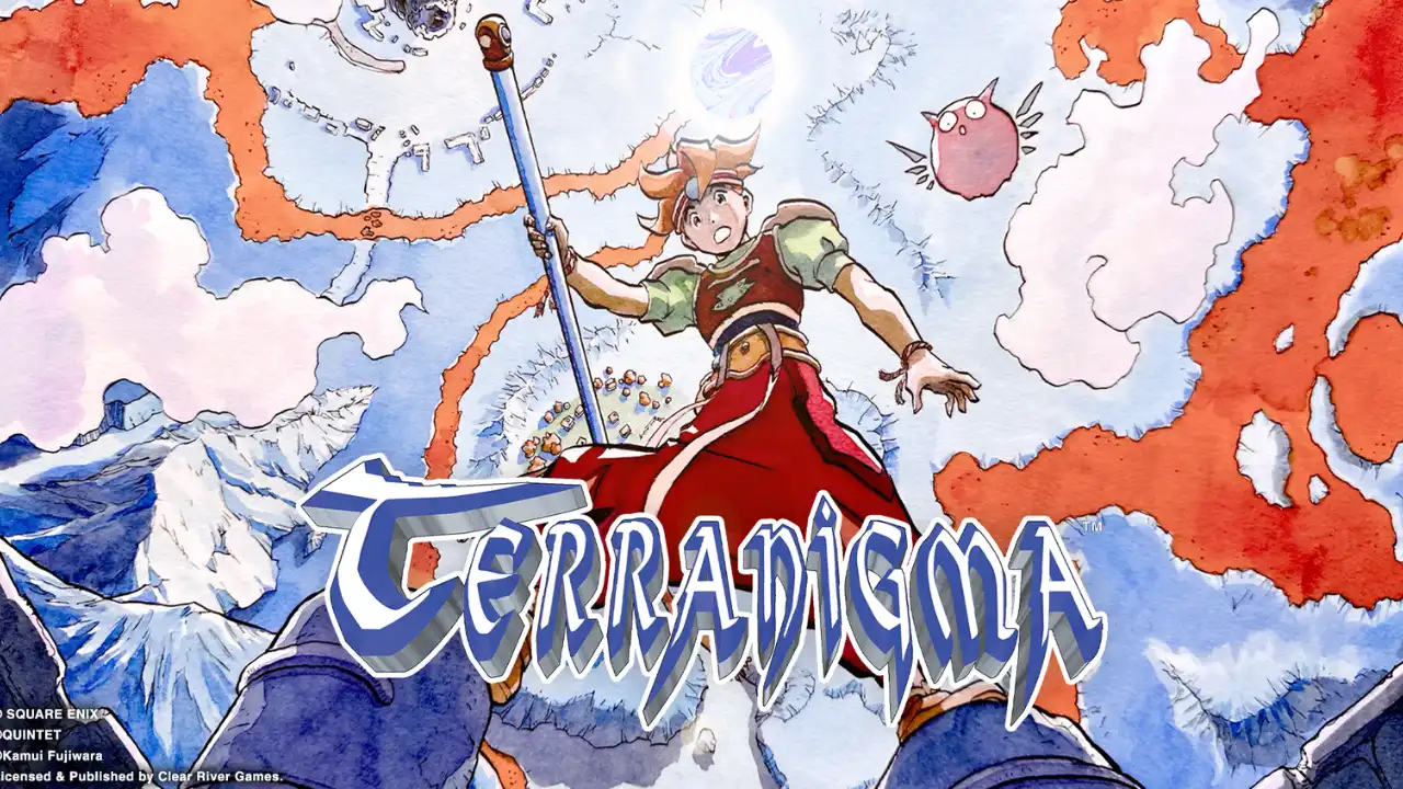 Terranigma key art showing Ark holding a spear, Yomi floating above him, and the game logo across an illustrated world map.