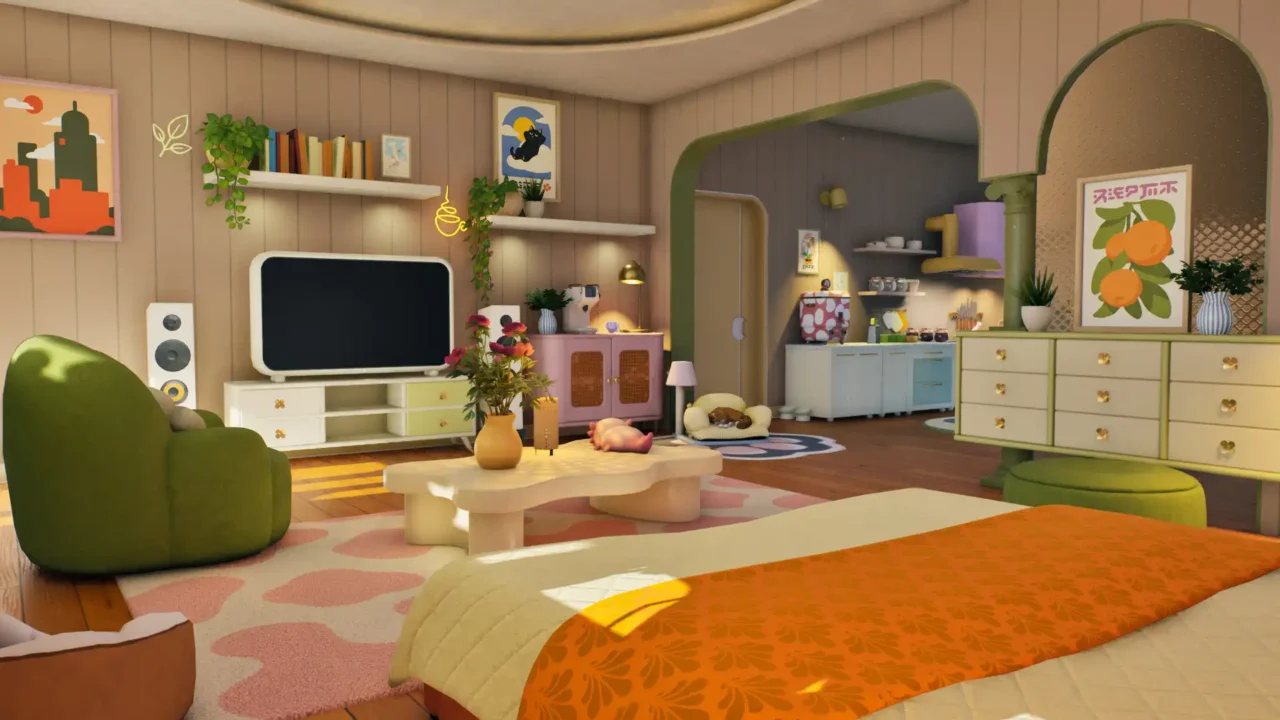 Tiny Eden apartment with green seating, potted plants, a kitchen, and a cat sleeping beside the television.