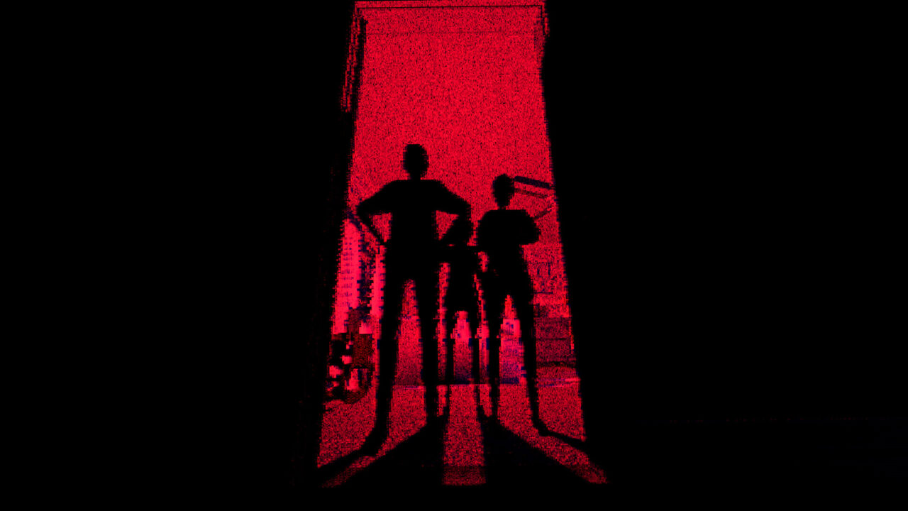 T.W.I.R.L. Psychological Horror Scene Dark silhouettes standing in a glowing red doorway in T.W.I.R.L.