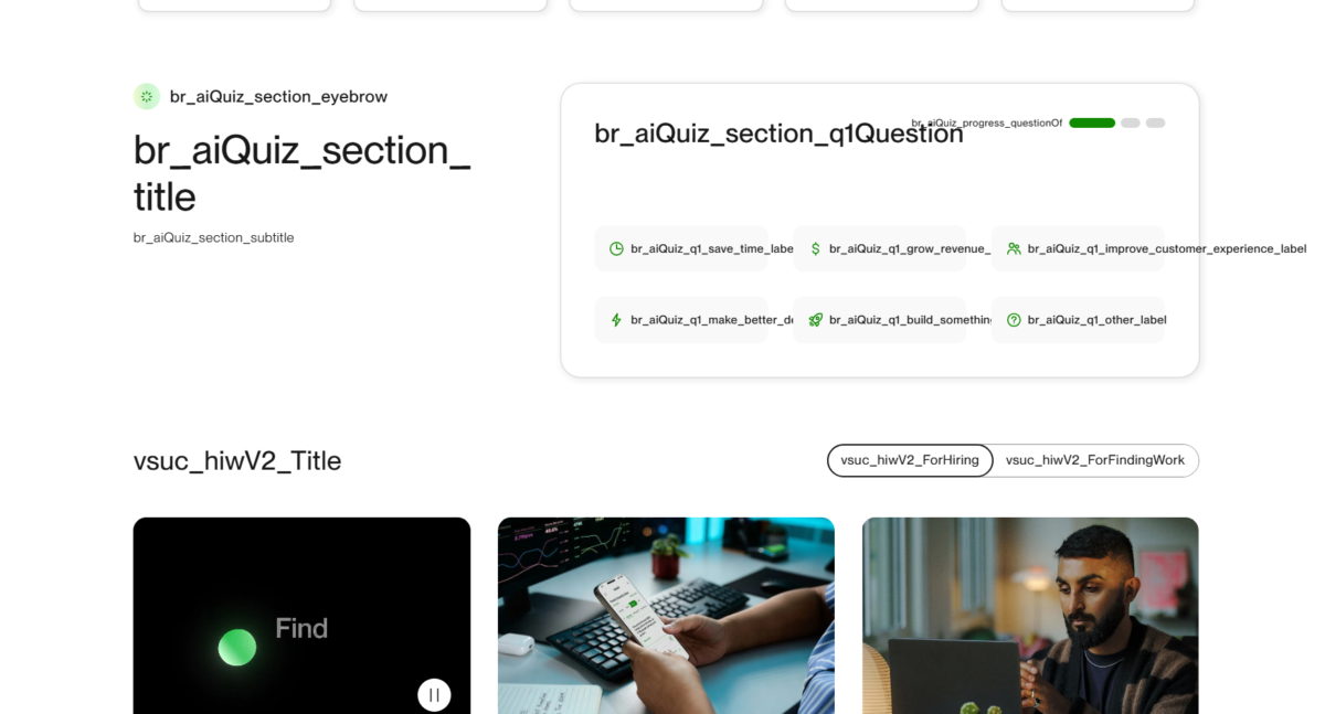 Upwork AI quiz section showing internal-looking labels in place of normal questions and answer text.
