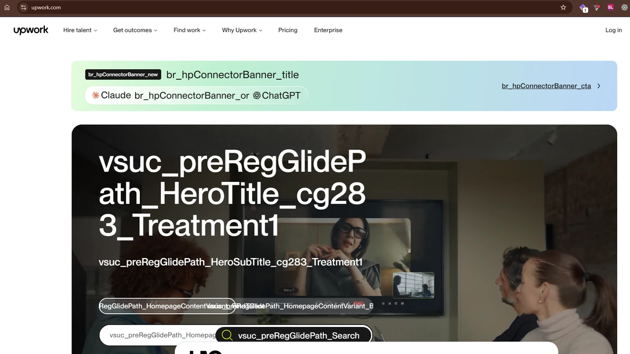 Upwork homepage showing internal-looking labels and experiment strings instead of normal website copy.
