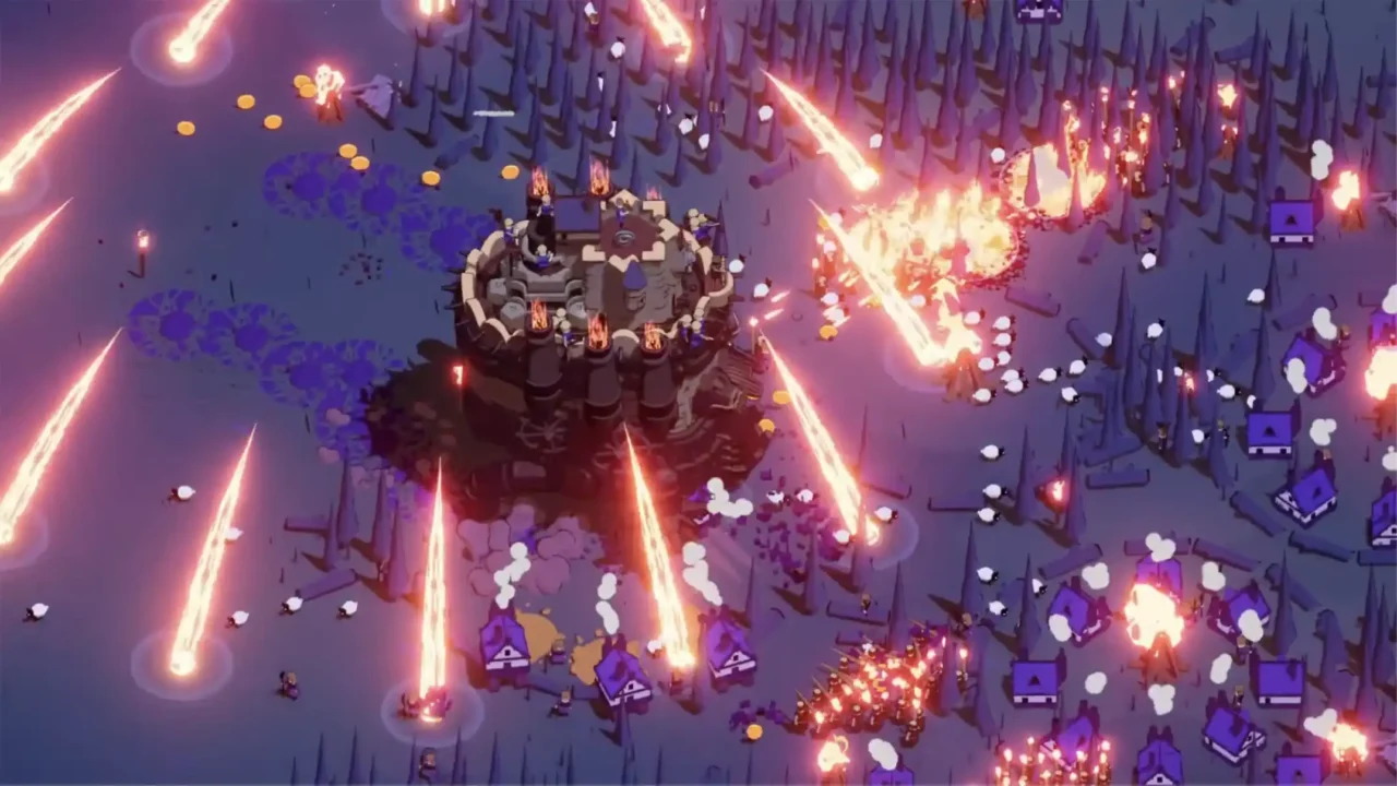 Wanderburg gameplay showing a mobile castle under attack as fiery projectiles fall across the battlefield
