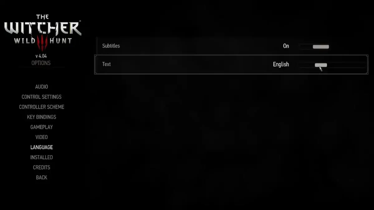 The Witcher 3 language settings menu showing subtitles enabled and English selected for on-screen text.
