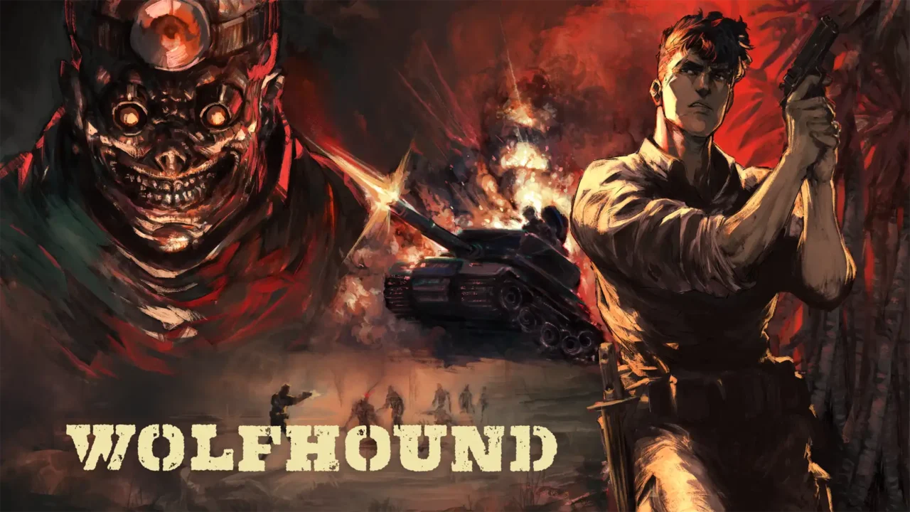 WOLFHOUND key art showing a soldier, armored enemy, and tank in a burning battlefield