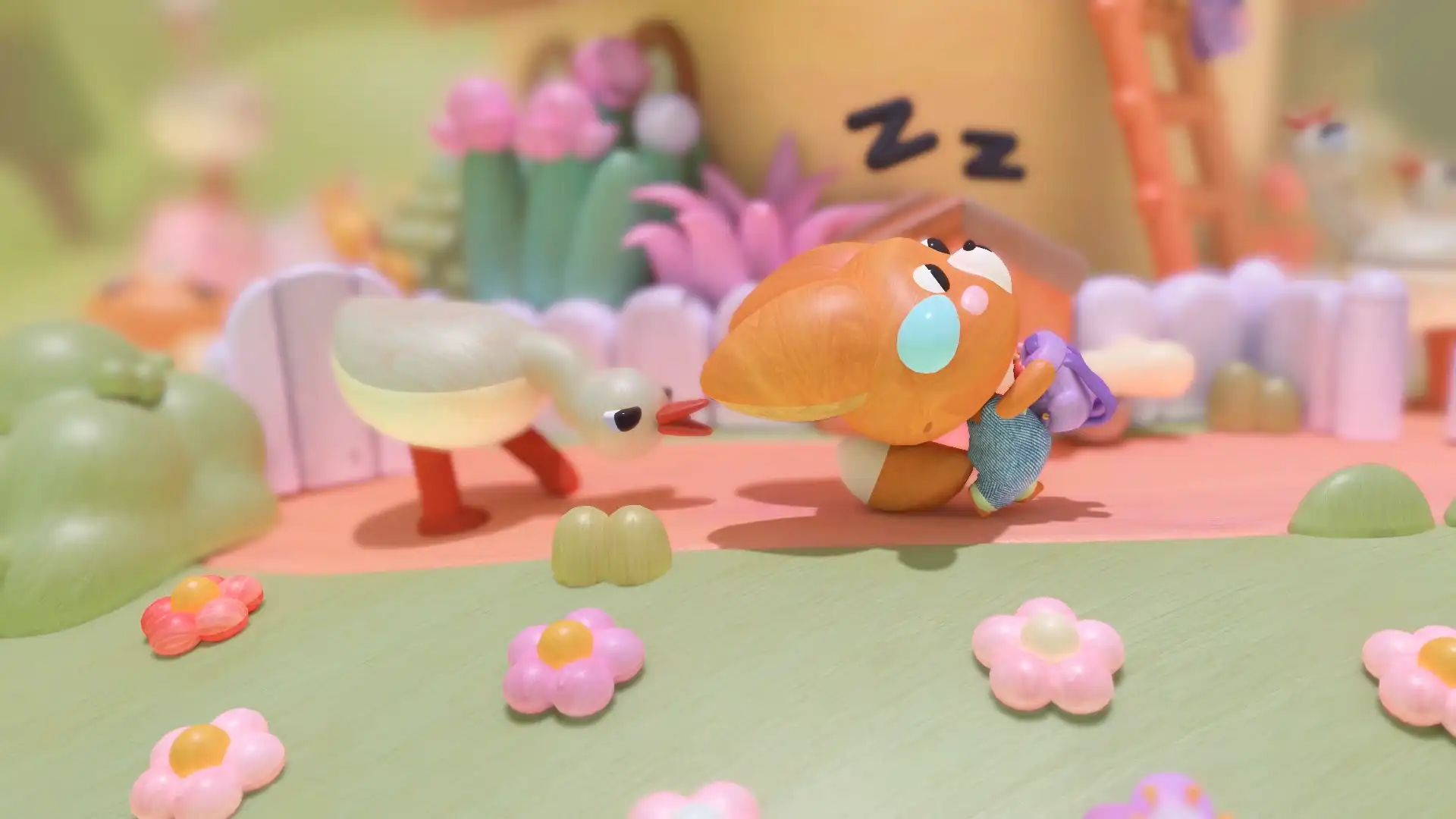 Foxy leans backward beside a goose on a pink path surrounded by wooden flowers and a pastel fence in Woodo.