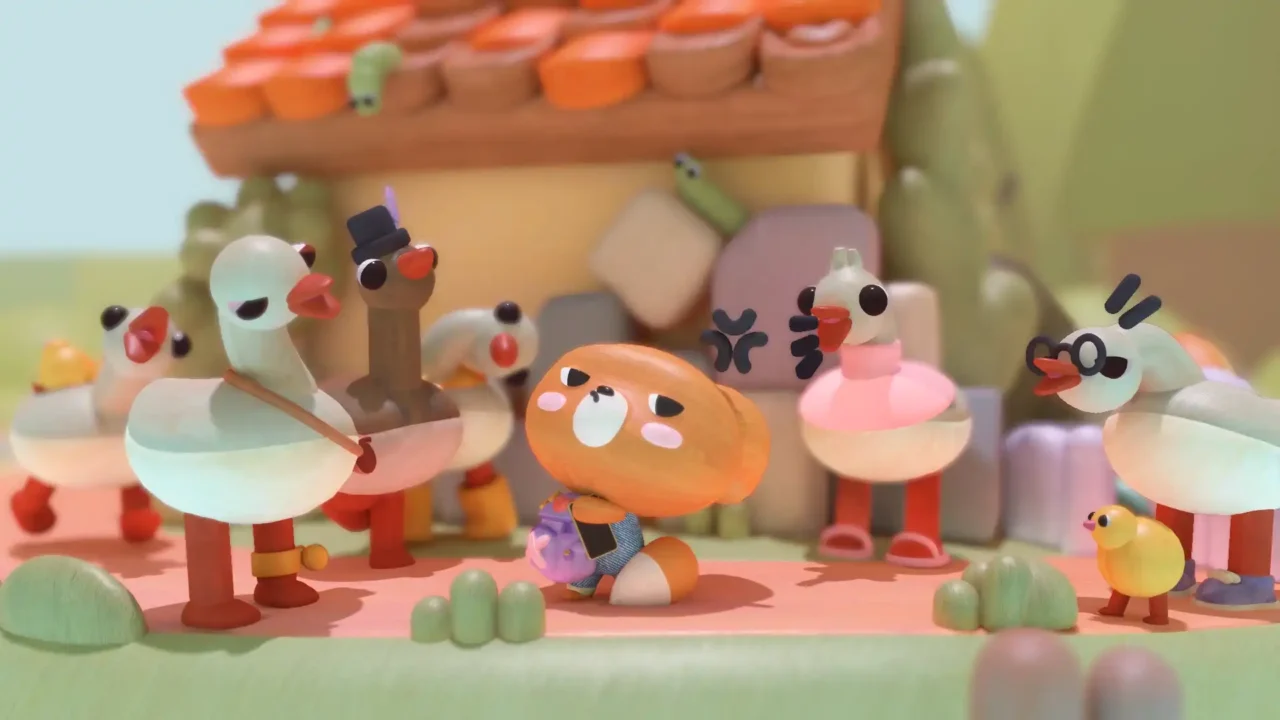Foxy in blue overalls surrounded by floating wooden objects, with an item-selection panel on the right in Woodo.