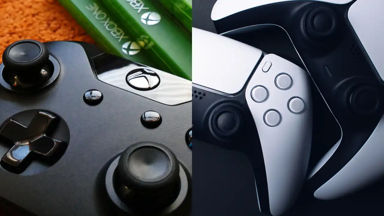 Xbox controller beside a PlayStation DualSense controller for a Game Pass vs PlayStation Plus comparison.
