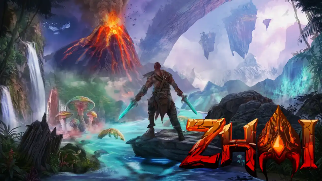 ZHAI warrior overlooking a fantasy world with an erupting volcano, waterfalls, giant mushrooms, and floating islands.