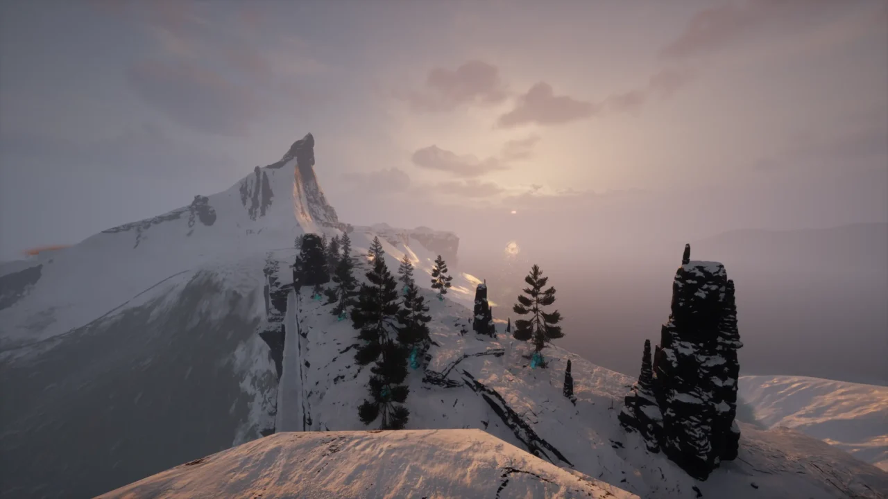 Snow-covered mountain cliffs and dark stone pillars at sunset in ZHAI.