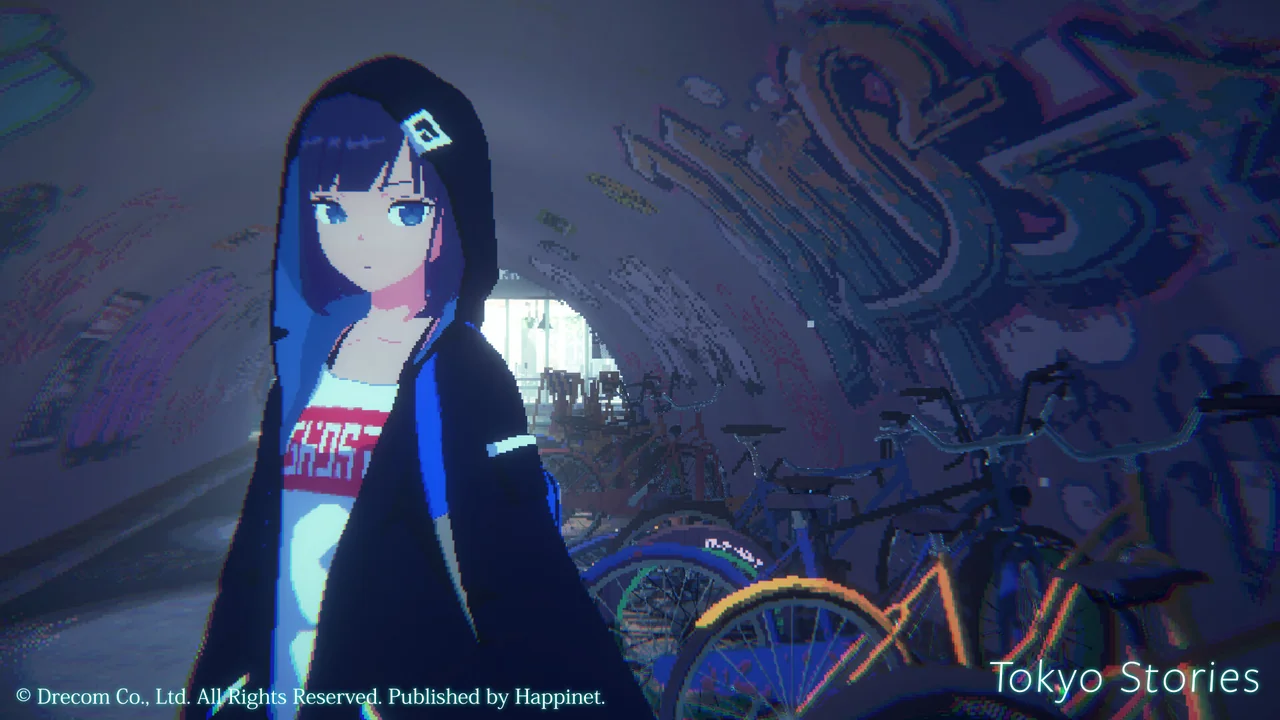 Suzu stands beside bicycles in a graffiti-covered tunnel in Tokyo Stories.