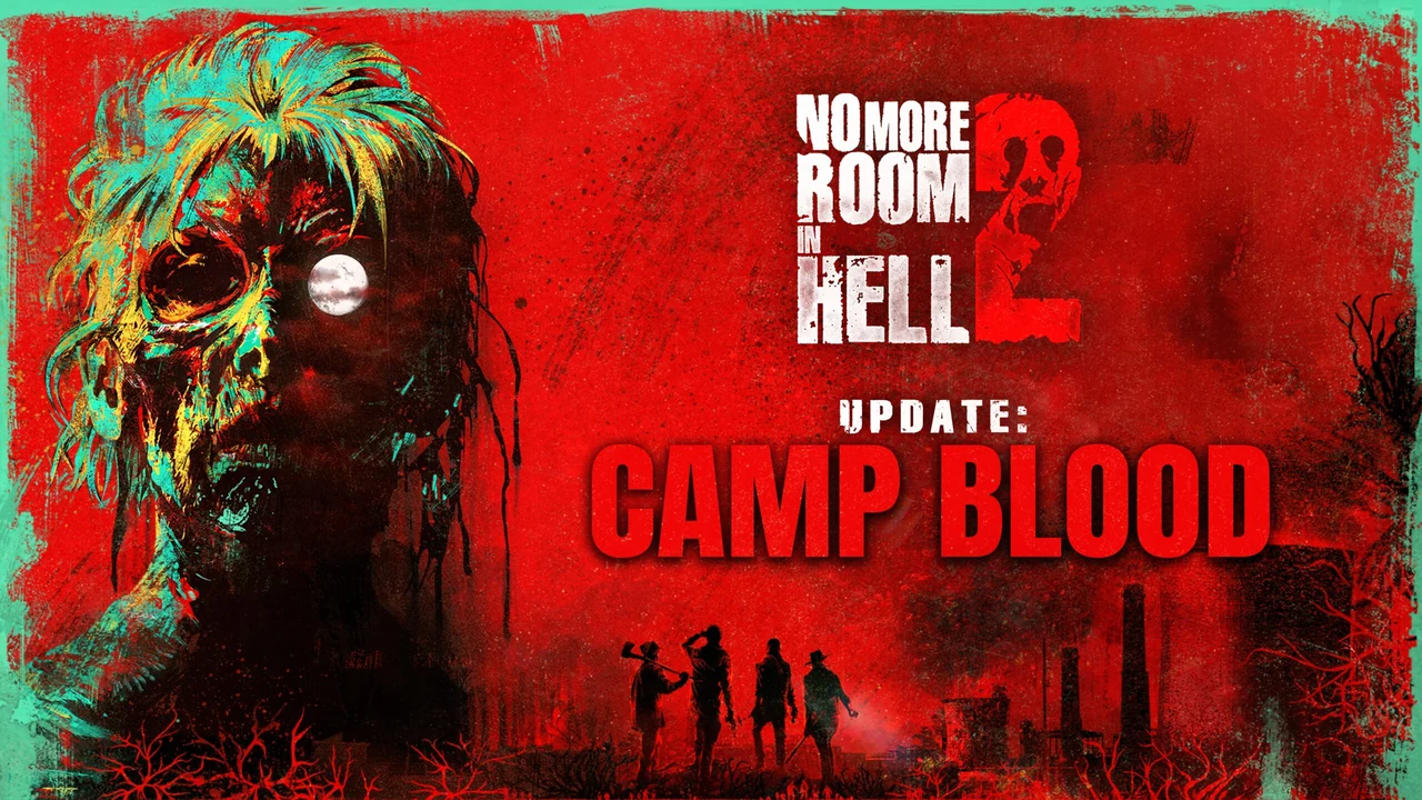 Red Camp Blood update artwork for No More Room in Hell 2, with a decaying face and silhouetted survivors.