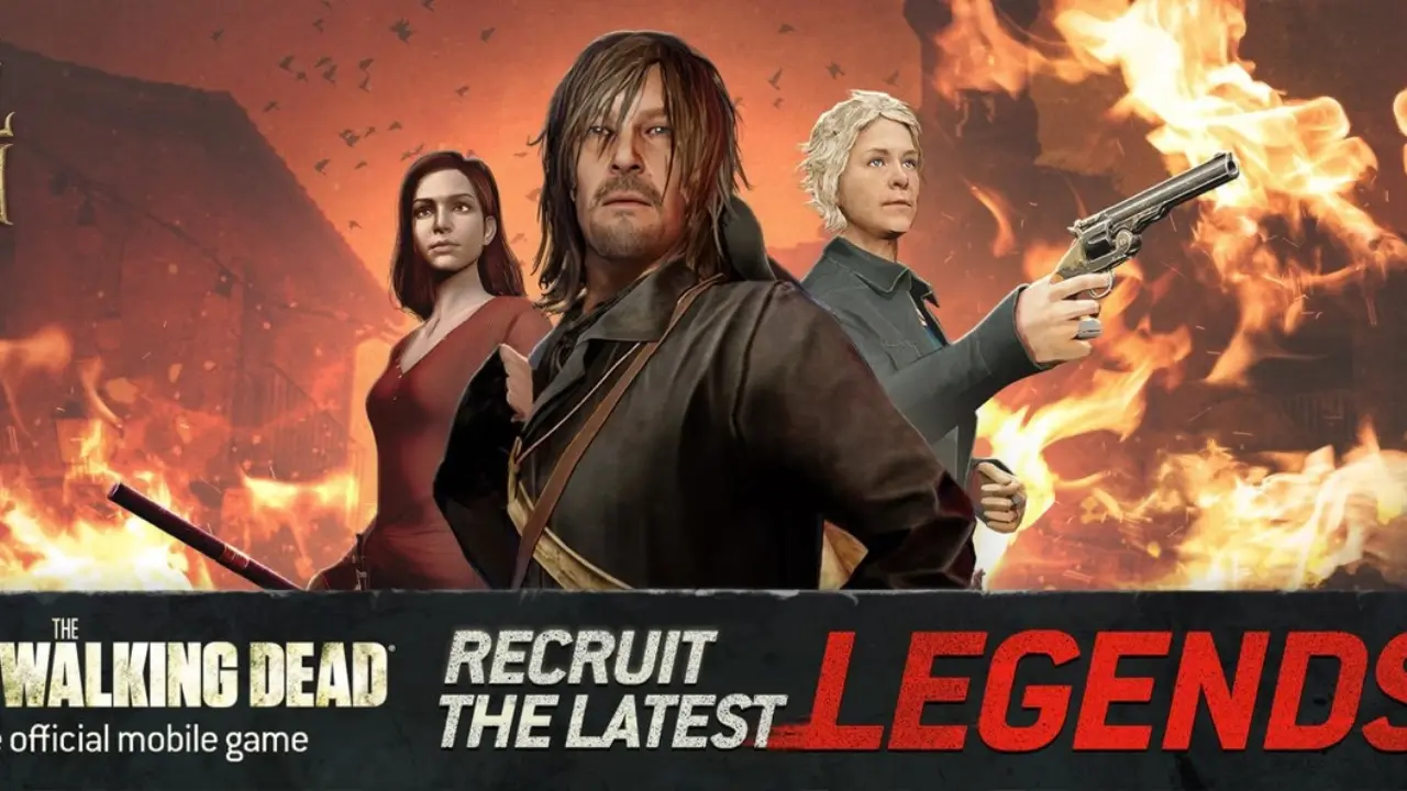 The Walking Dead: No Man’s Land mobile game artwork featuring survivors facing walkers