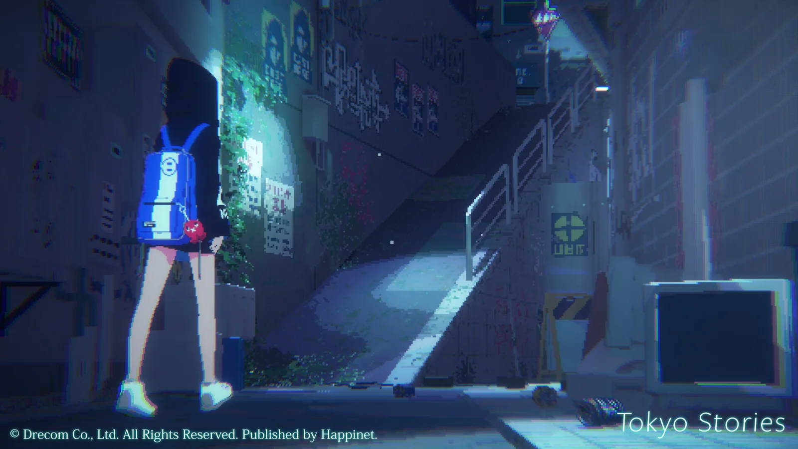 Suzu faces a dim stairway between buildings in Tokyo Stories, wearing a blue backpack.