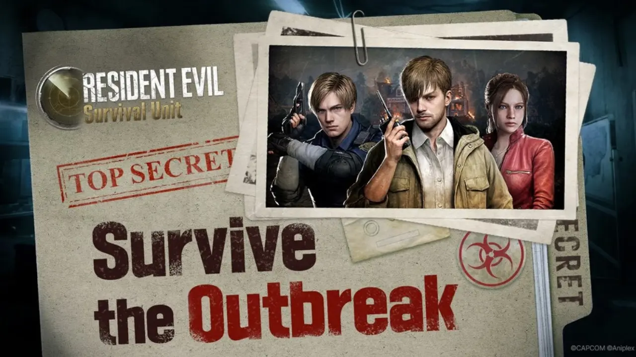 Resident Evil Survival Unit mobile game artwork featuring survivors and the text Survive the Outbreak