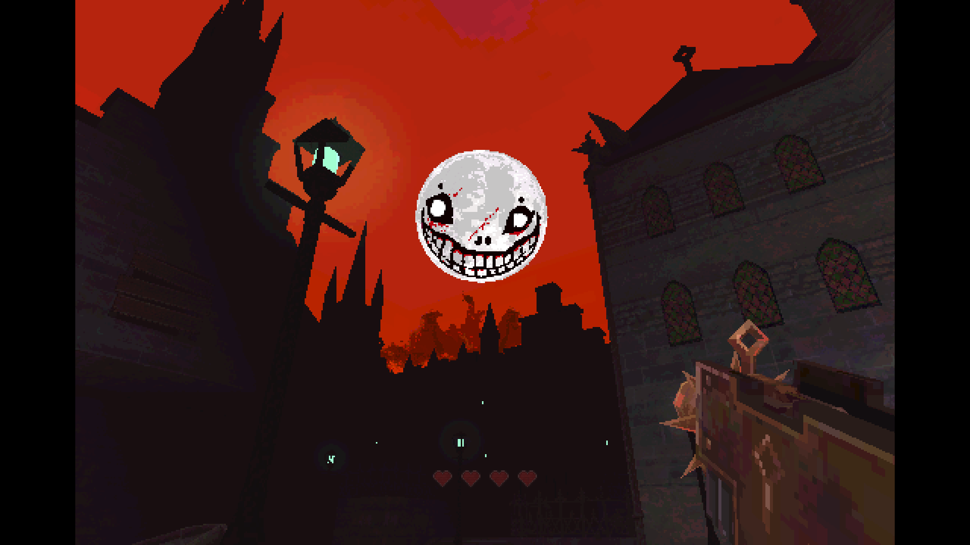First-person view of a gun beneath a grinning moon and red sky between dark stone buildings in Evil Moon: Unspoken.