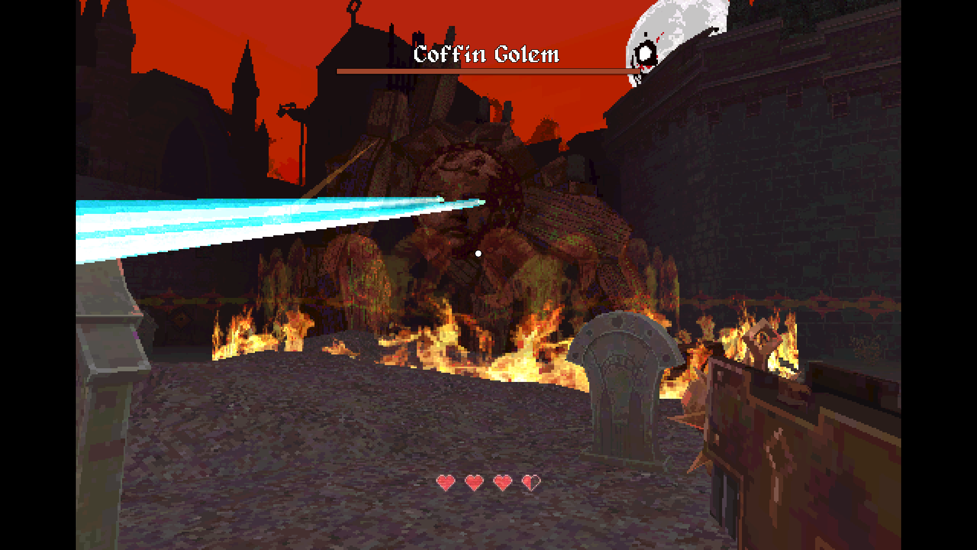First-person combat against the Coffin Golem, with flames and gravestones in the foreground in Evil Moon: Unspoken.