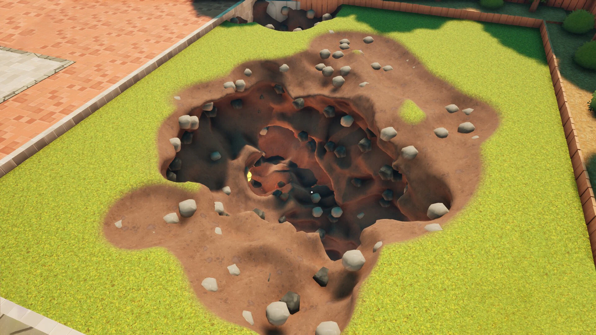 Large excavated hole cutting through a grassy suburban backyard in A Game About Digging A Hole.