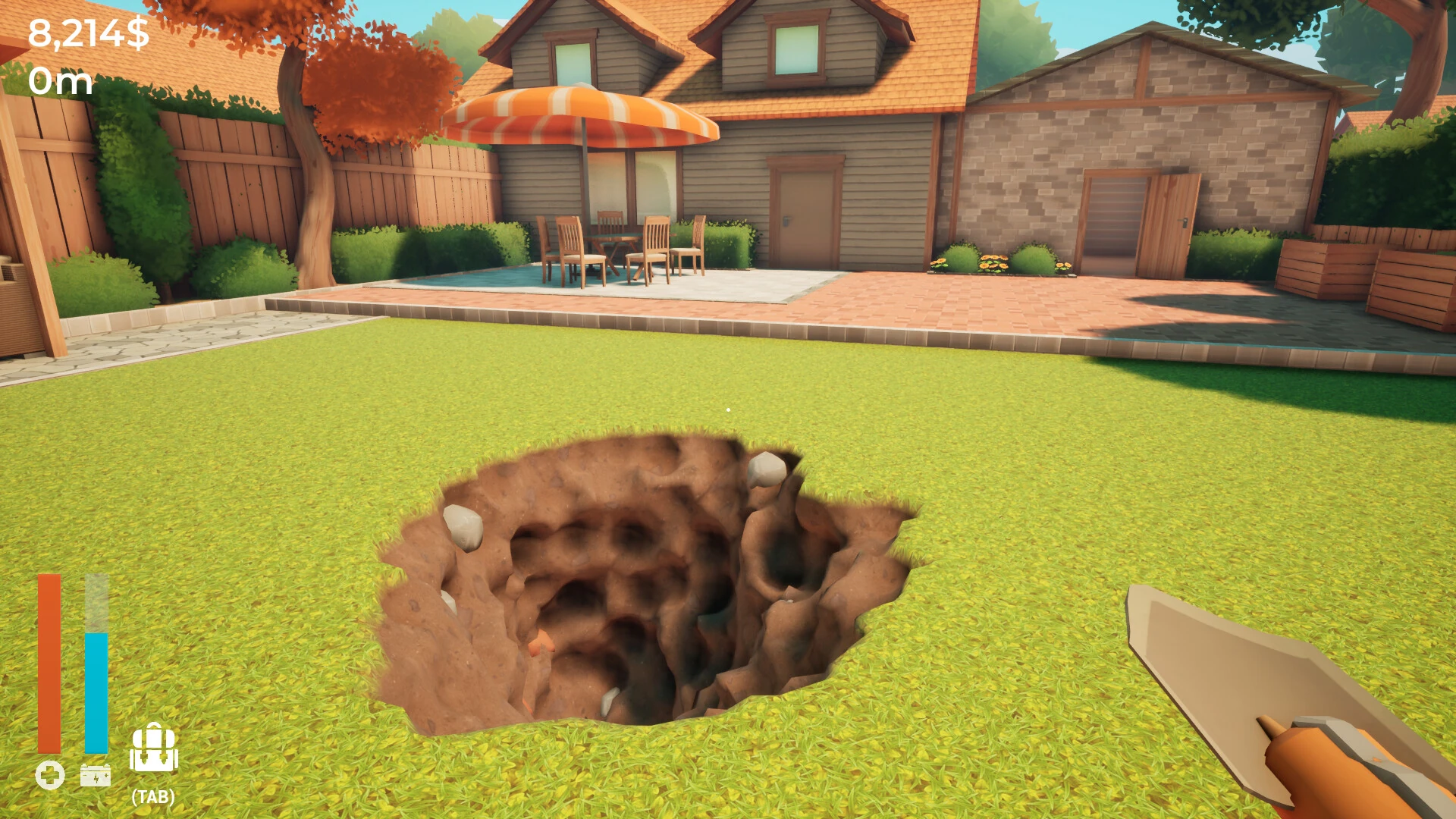 First-person view of a freshly dug hole in a suburban backyard while holding a shovel in A Game About Digging A Hole.