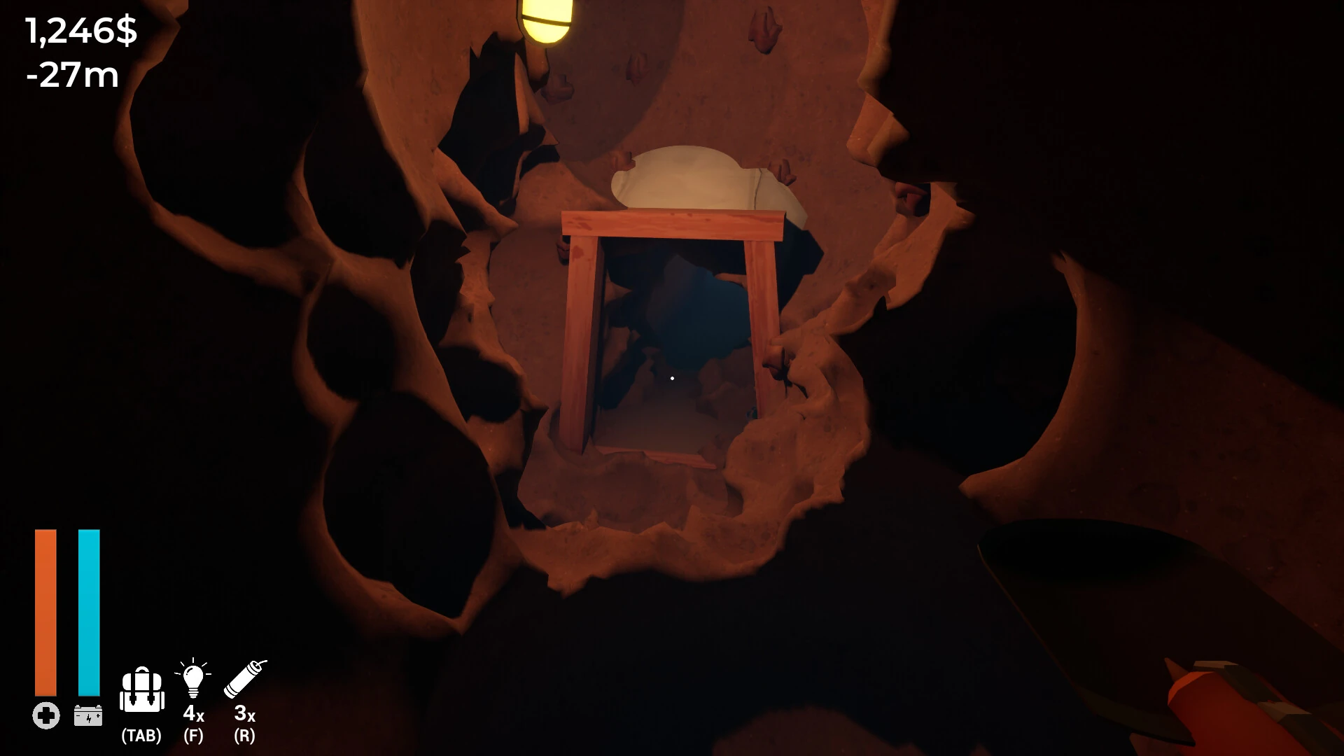 First-person view 27 meters underground inside a dark excavated tunnel in A Game About Digging A Hole.