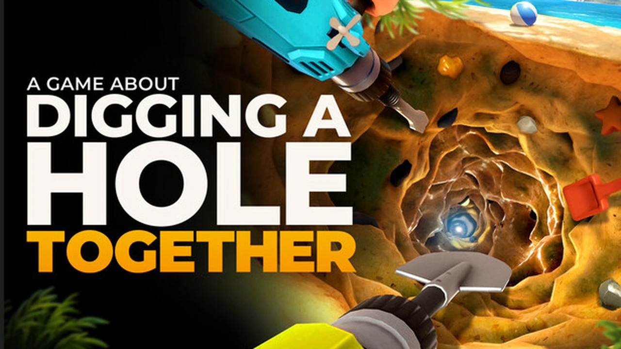 A Game About Digging A Hole Together key art showing digging tools pointed into a deep sandy hole beside the game logo.