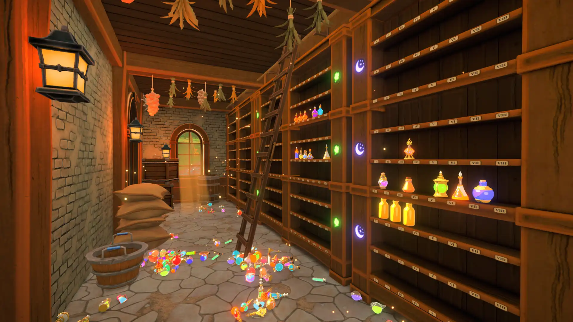 A rolling ladder, numbered wooden shelves, and scattered glowing potion bottles in Potion Pantry: Sort the Apothecary.