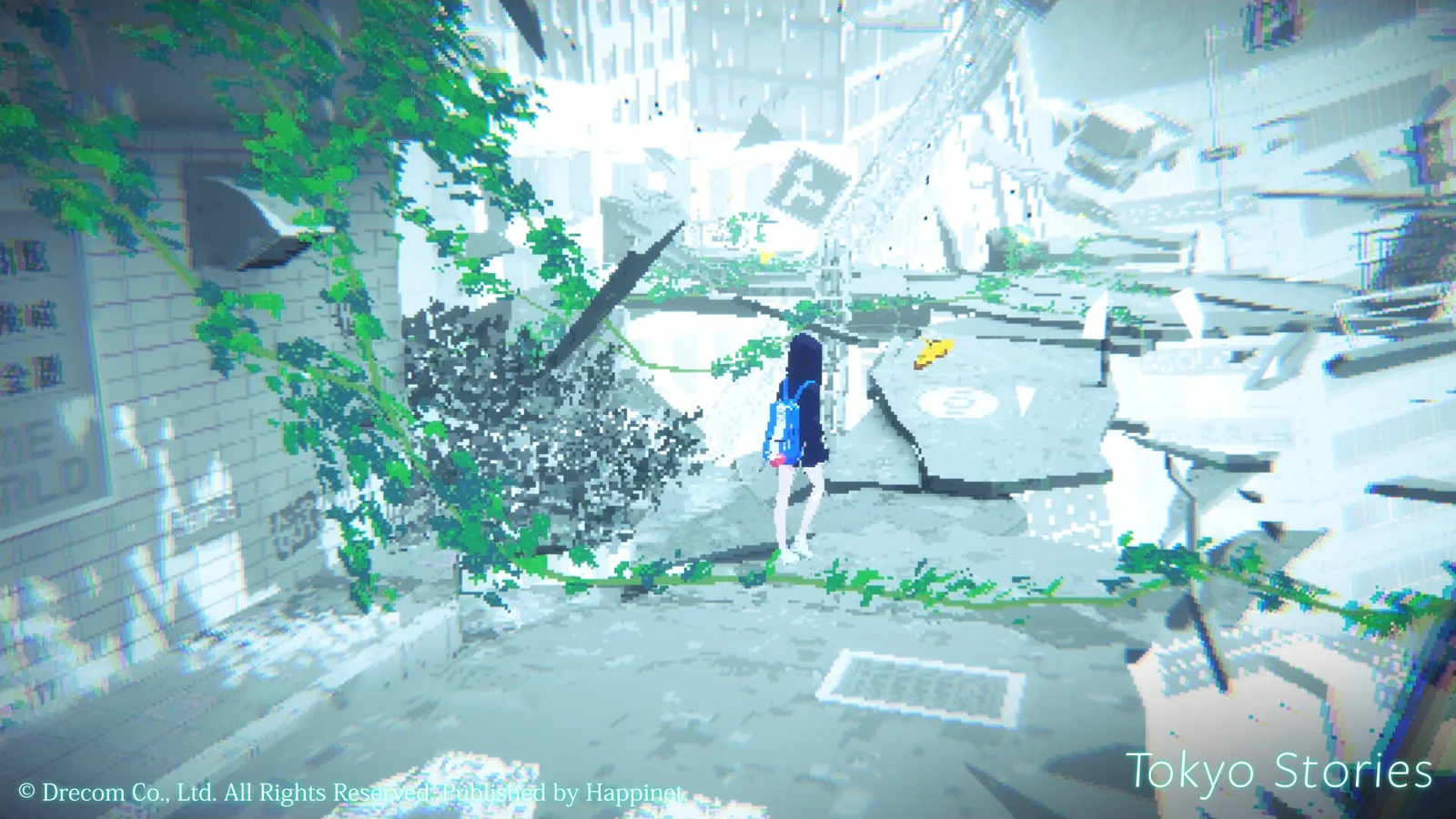 Suzu stands among broken, suspended sections of a bright, overgrown city in Tokyo Stories.