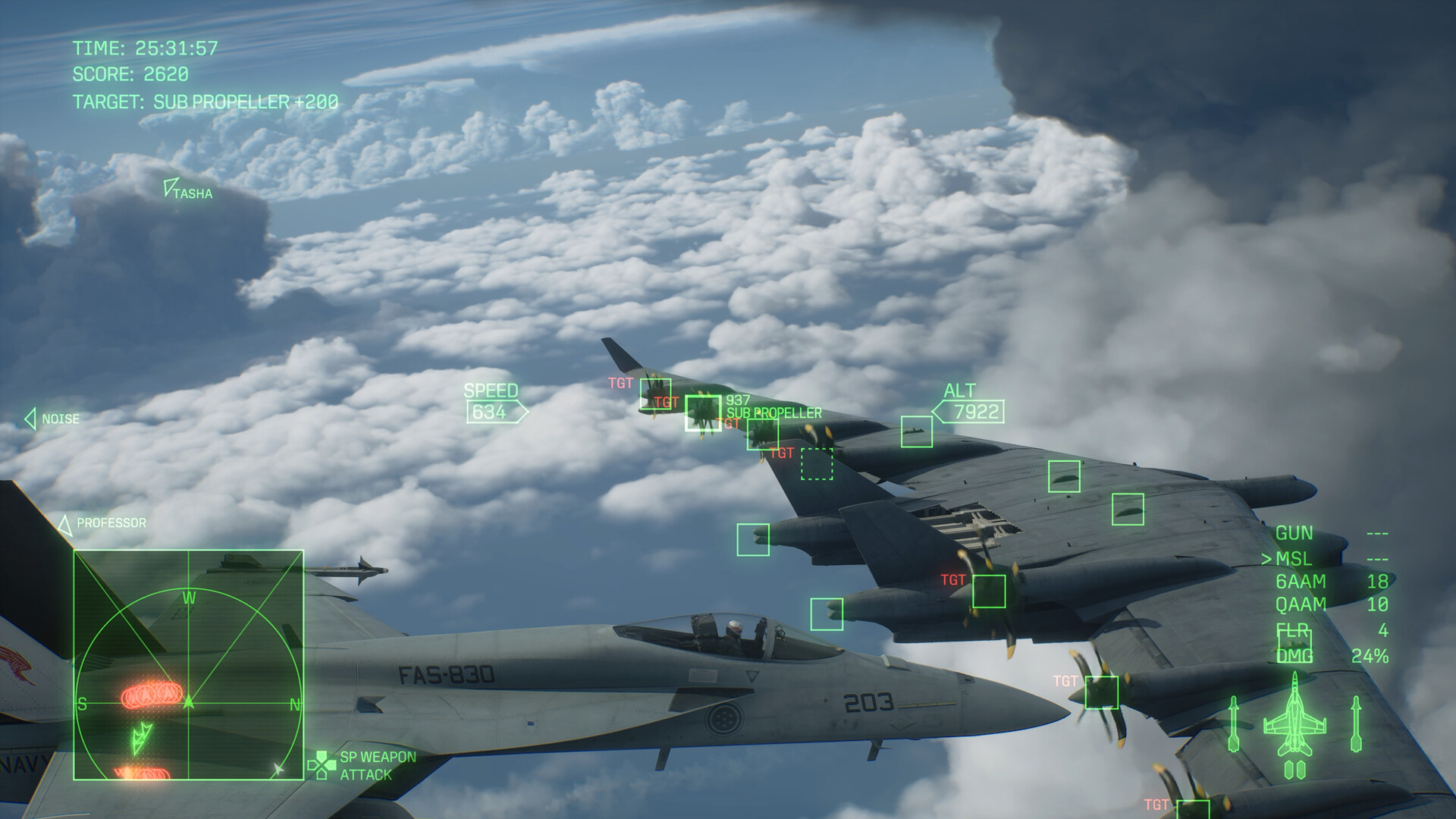 ACE COMBAT 8: WINGS OF THEVE aerial combat above the clouds with multiple aircraft, missiles and HUD targets visible.