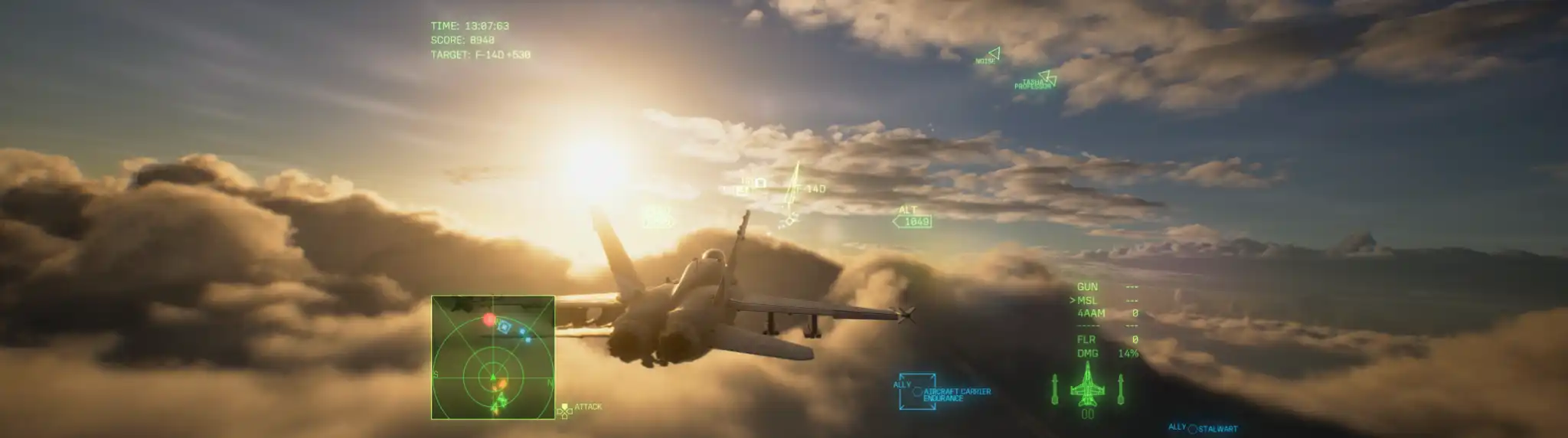 ACE COMBAT 8: WINGS OF THEVE fighter jet flying above the clouds at sunset in 32:9 ultrawide gameplay.